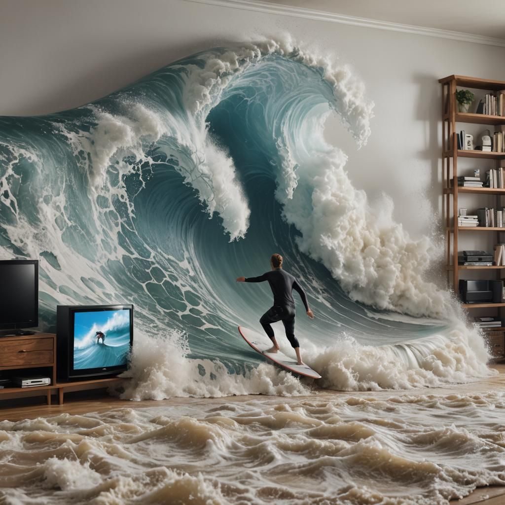 Surfer Rides Wave From TV in Hyperrealistic Style