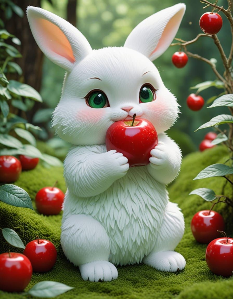 Whimsical Chibi Bunny Holds Red Apple in Serene Moss Garden