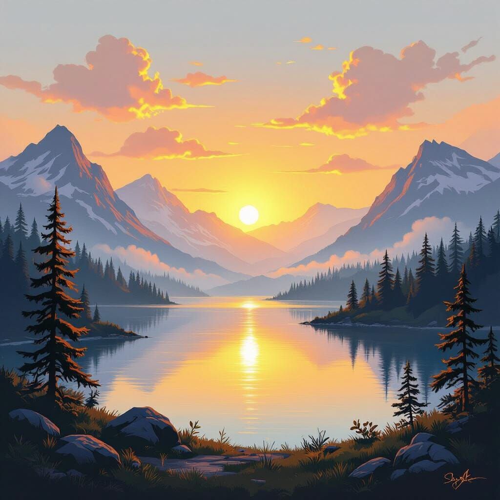 Serene Mountain Lake at Sunrise: A Landscape Painting