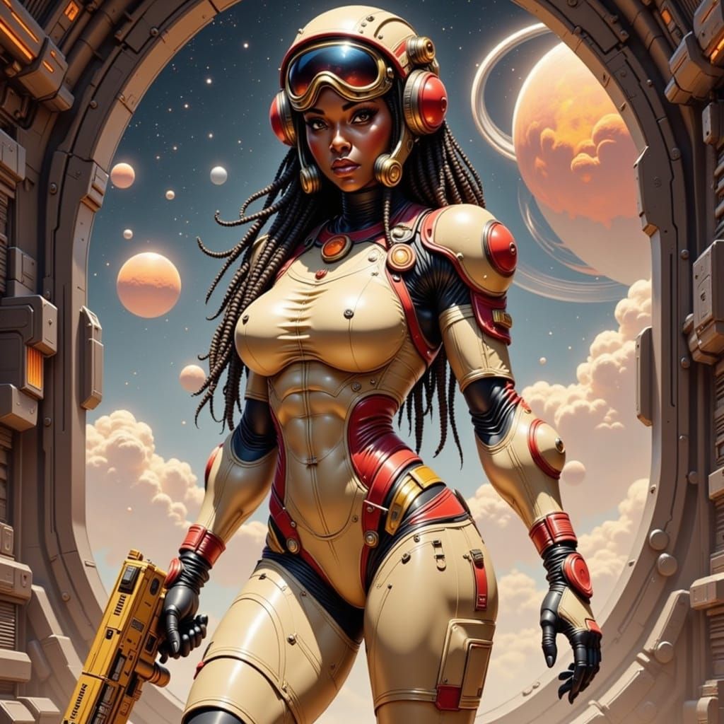 Retro-Futuristic Black Woman Warrior on Alien Planet