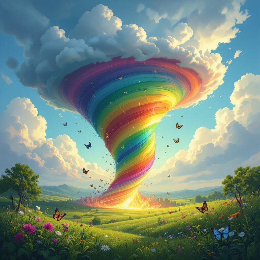 Rainbow Tornado Over Lush Landscape with Butterflies