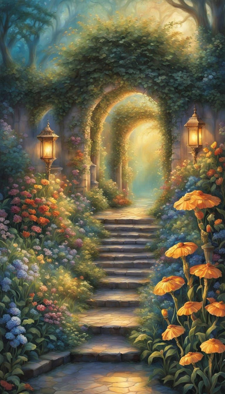 Vibrant Secret Garden Entrance in Whimsical Style