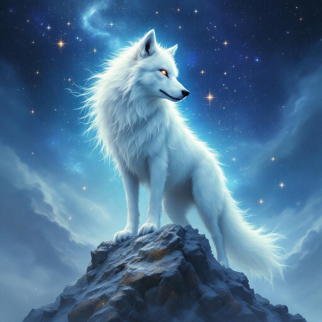 Luminous White Wolf Spirit Under Galaxy Sky