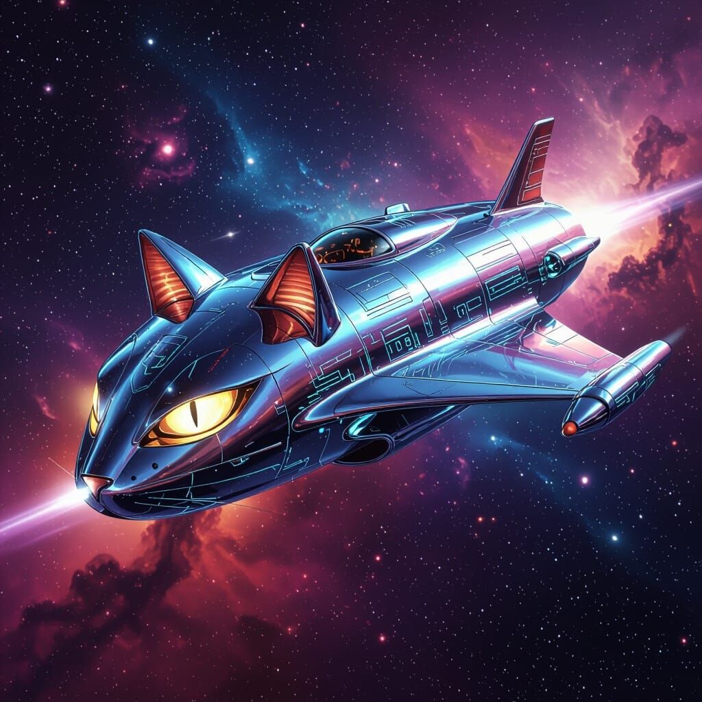 Chrome Cat Spaceship Soars Through Vibrant Nebula