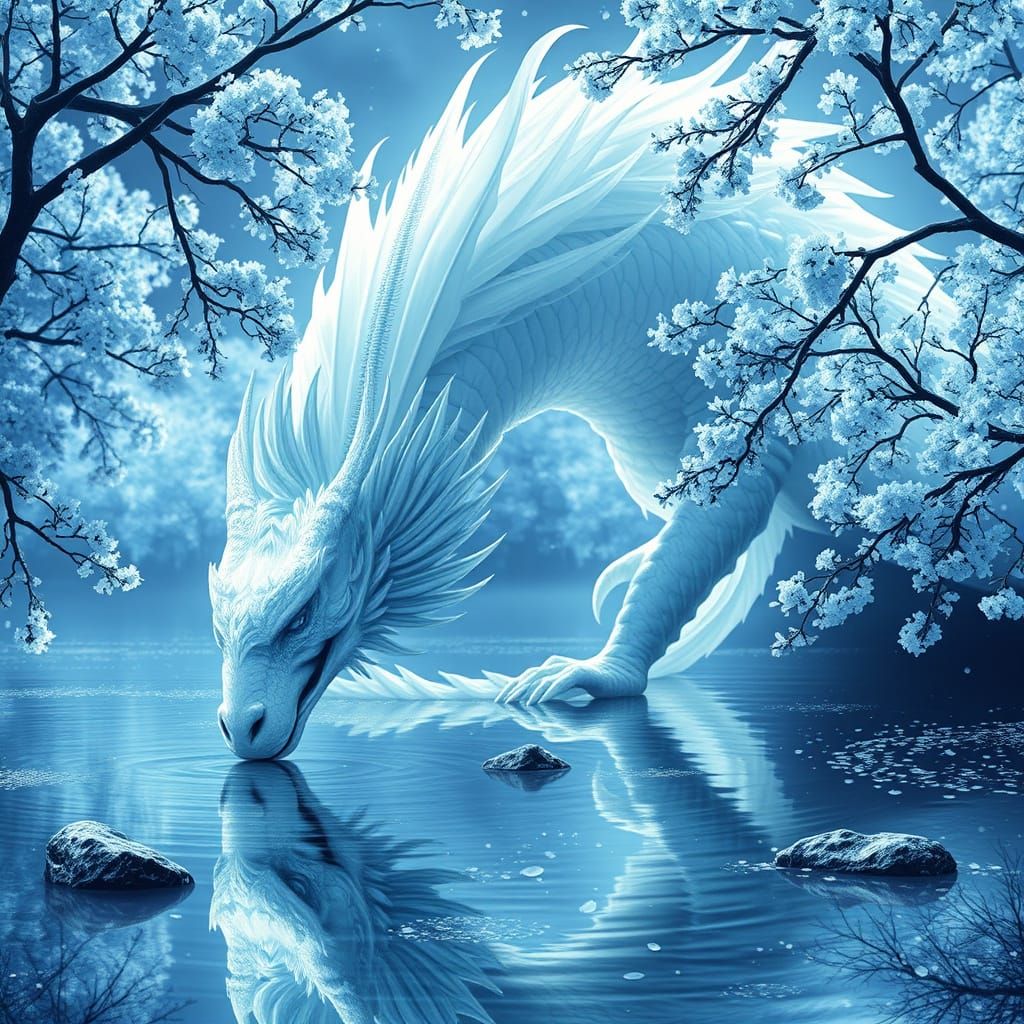 Pearlescent White Dragon Basks in Serene Floral Oasis