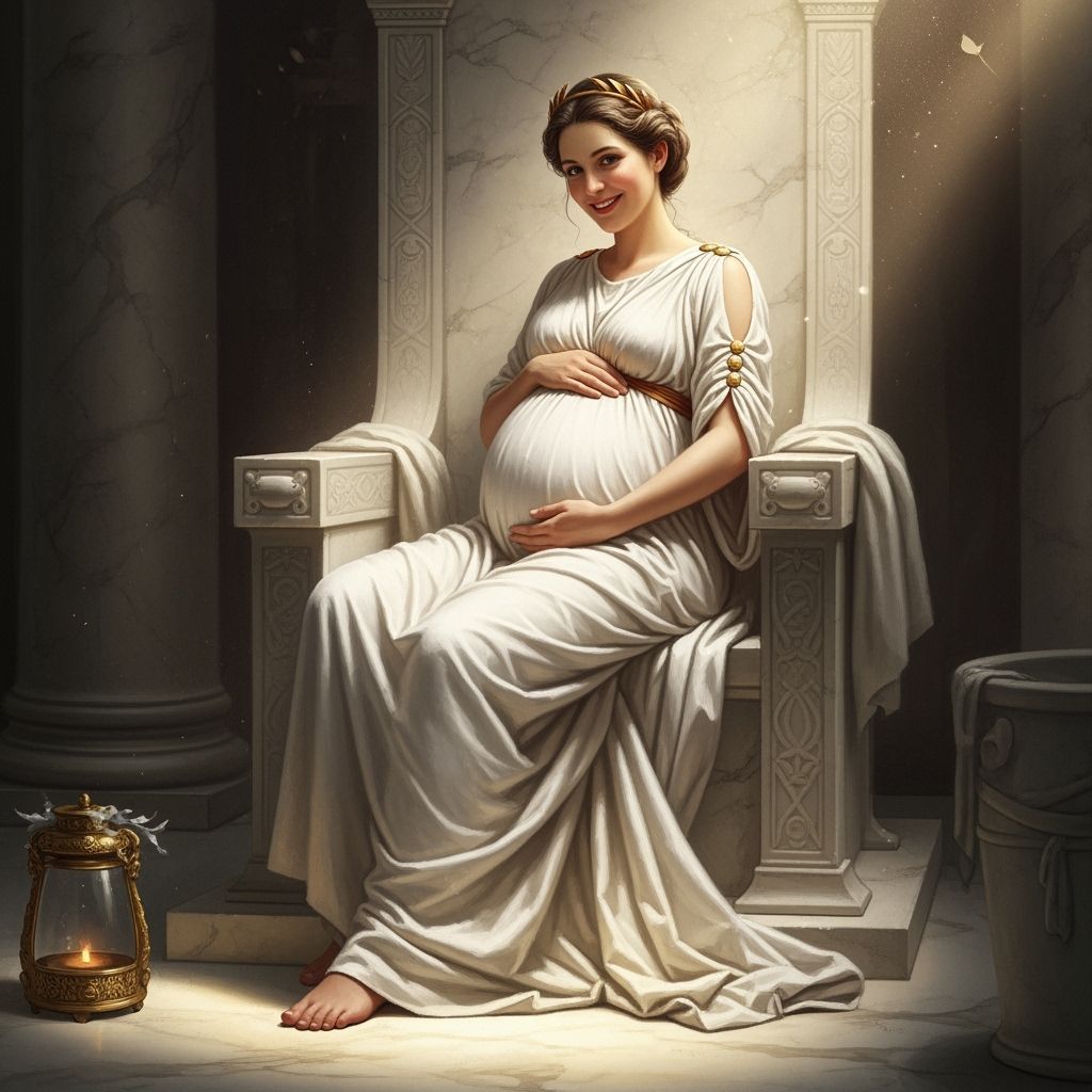 Pregnant Rhea on Marble Throne in Golden Light