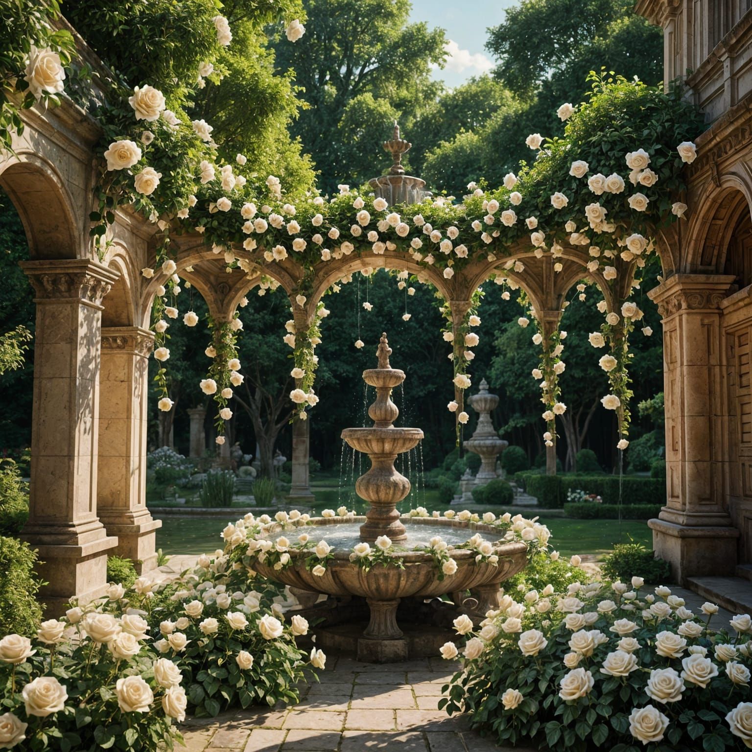 Surreal White Rose Fountain in Versailles Gardens
