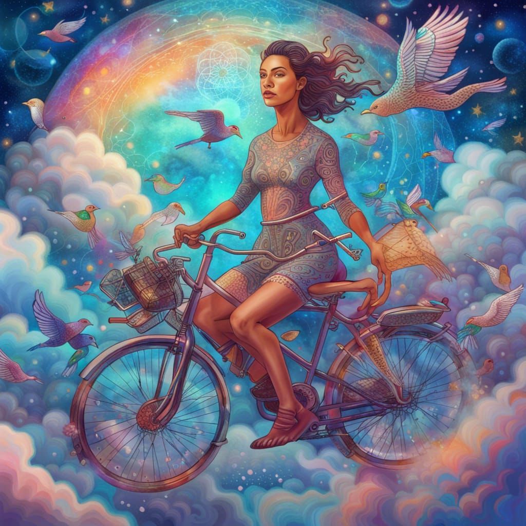 Woman Flies Bicycle Above Clouds: Cosmic Illustration