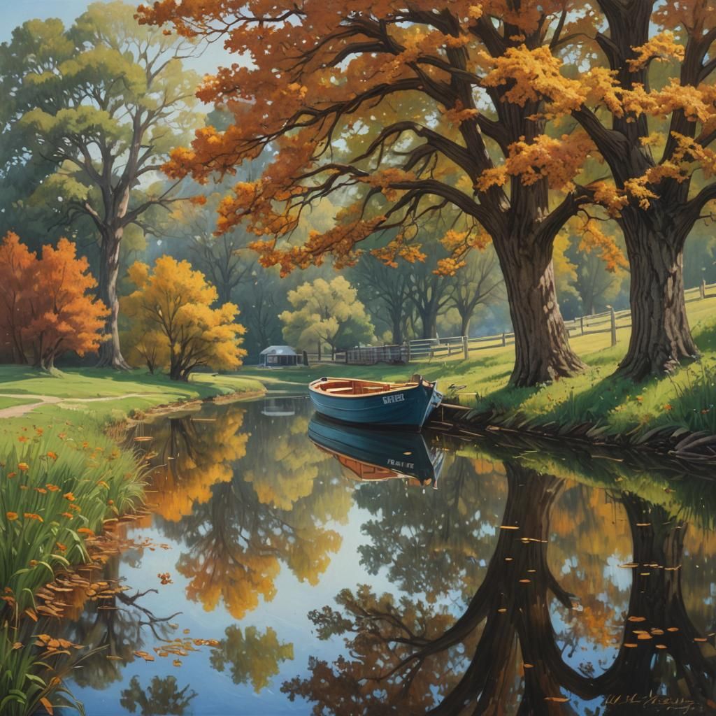 Autumn Oak Tree Reflected in River: Oil Painting