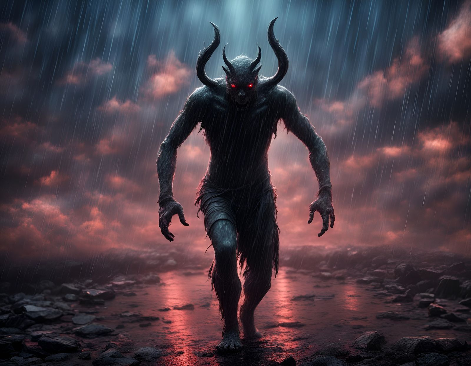 Terrifying Four-Armed Demon in Dark Neon Style