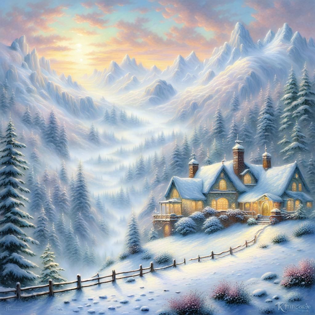 Ethereal Snowy Landscape in Kinkade Style