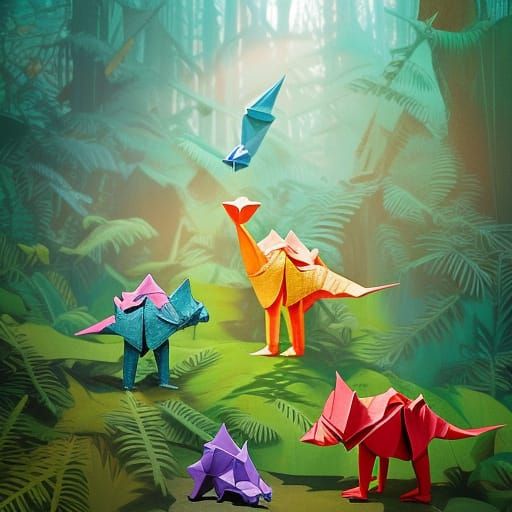 Origami Dinosaurs in a Jurassic Forest