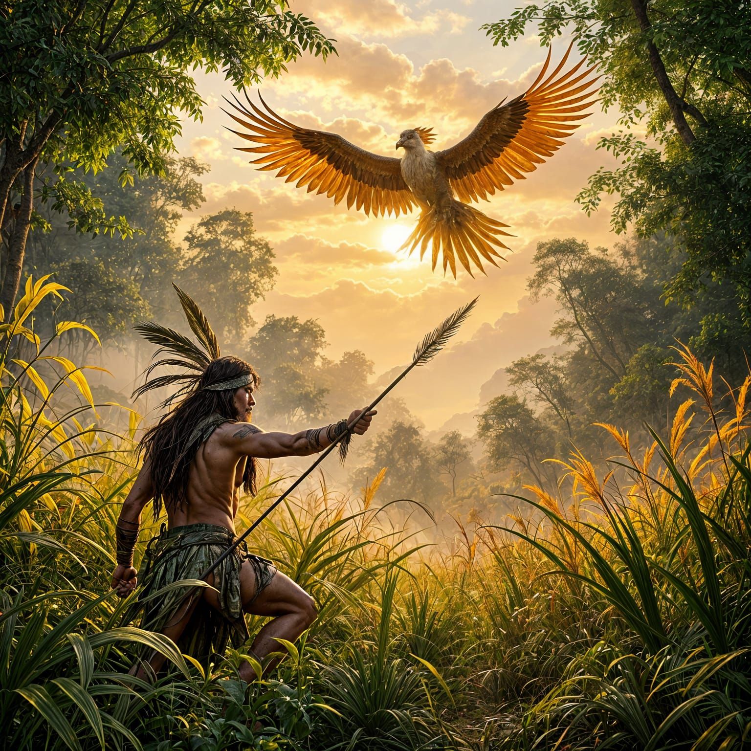 Hunter in Jungle Grasps Spear in Setting Sun