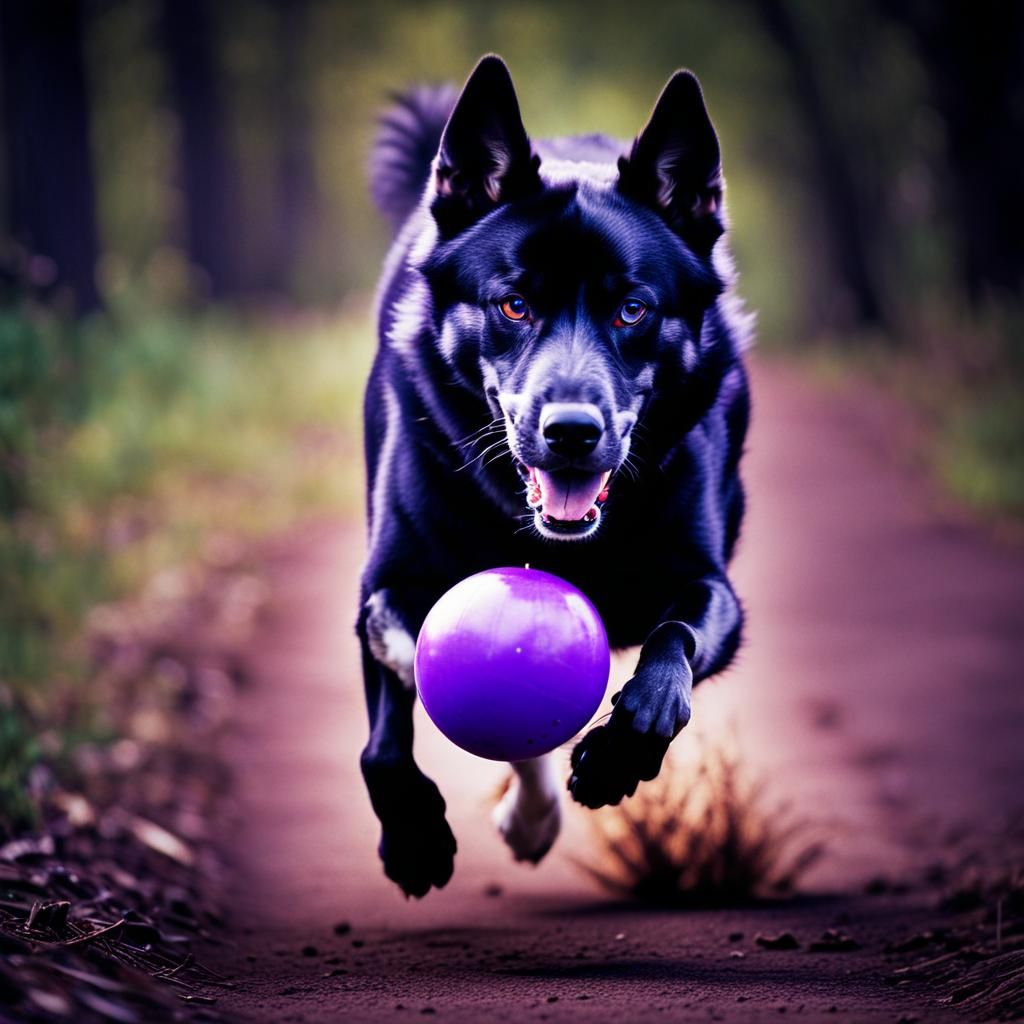 Running Husky with Ball: Cinematic Film Still