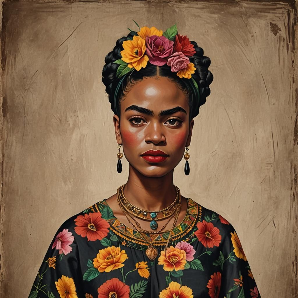 Black Girl in Frida Kahlo Style Portrait