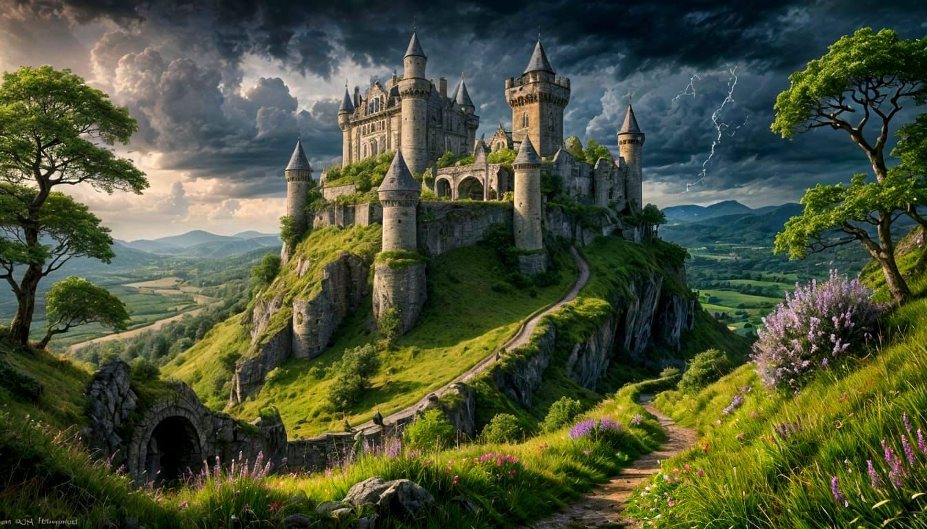 Medieval Castle Ruins in a Haunting Landscape