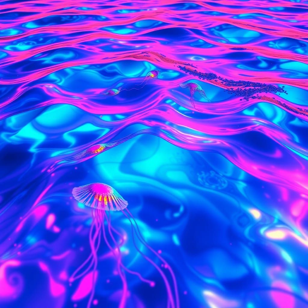 Bioluminescent Ocean with Rainbow Creatures in Digital Art
