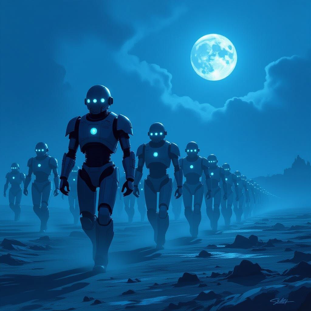 Menacing Cybermen Army Marching in Dystopian Landscape