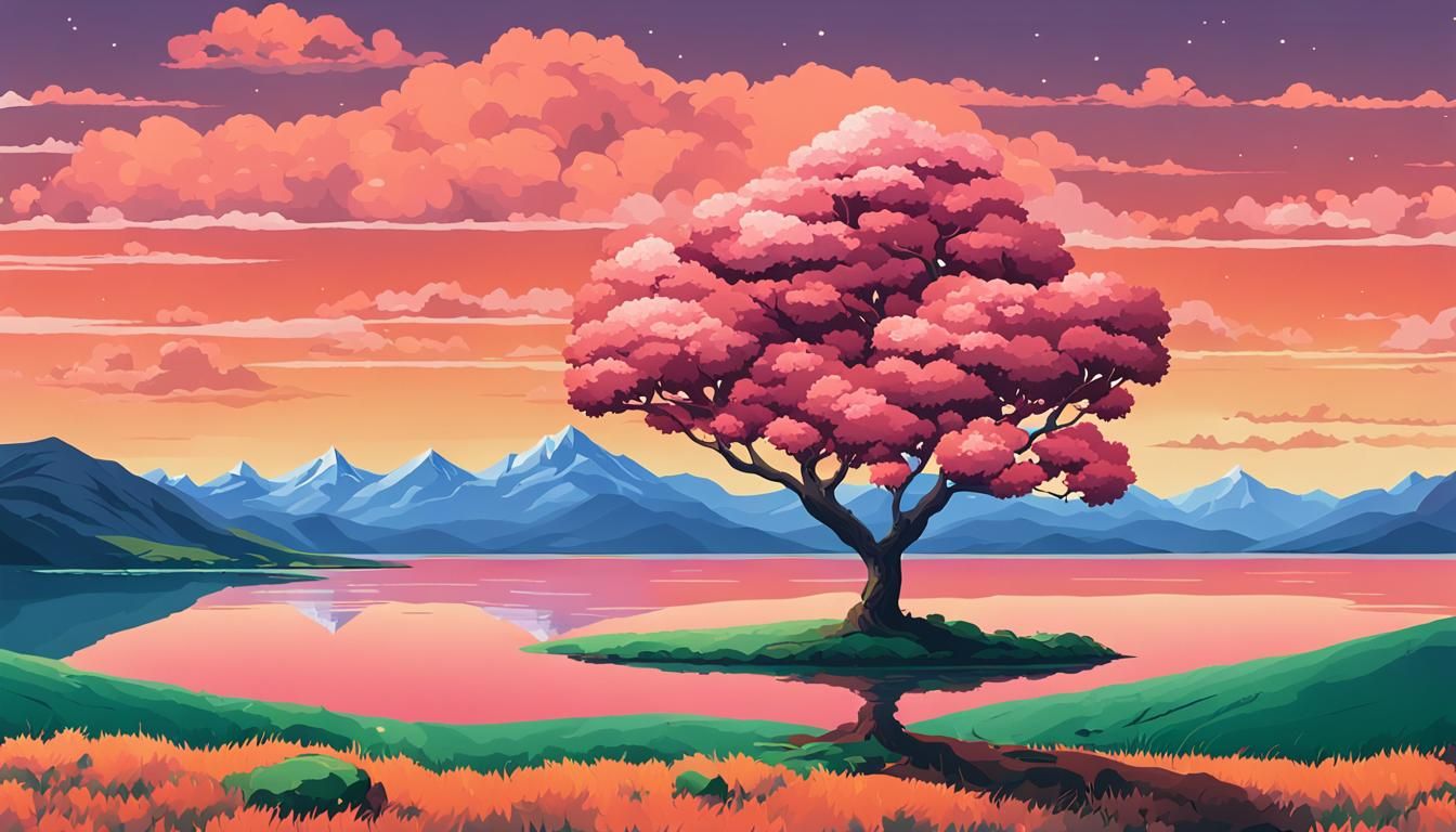 16-bit Landscape with Pink Tree and Cloudy Sky