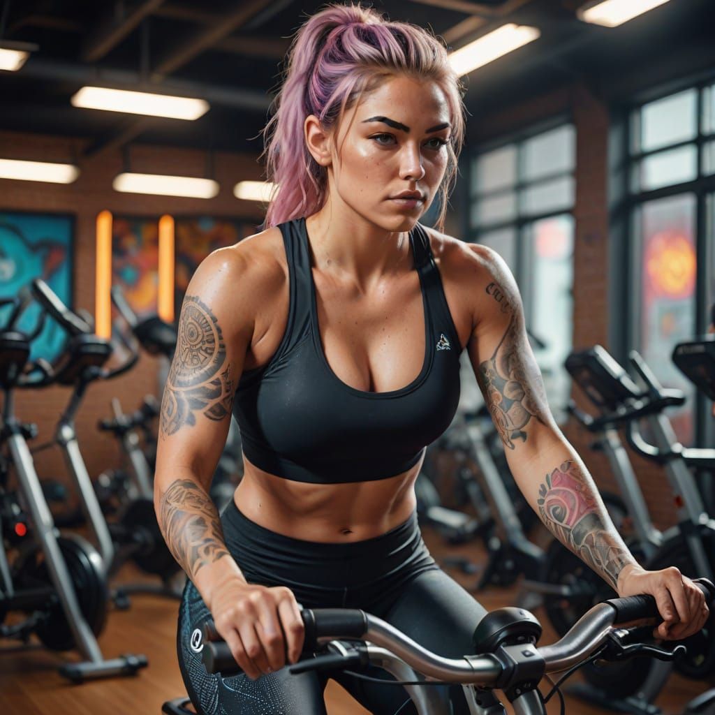 Strong Woman in Fitness Mode, Radiant with Sweat and Tattoo