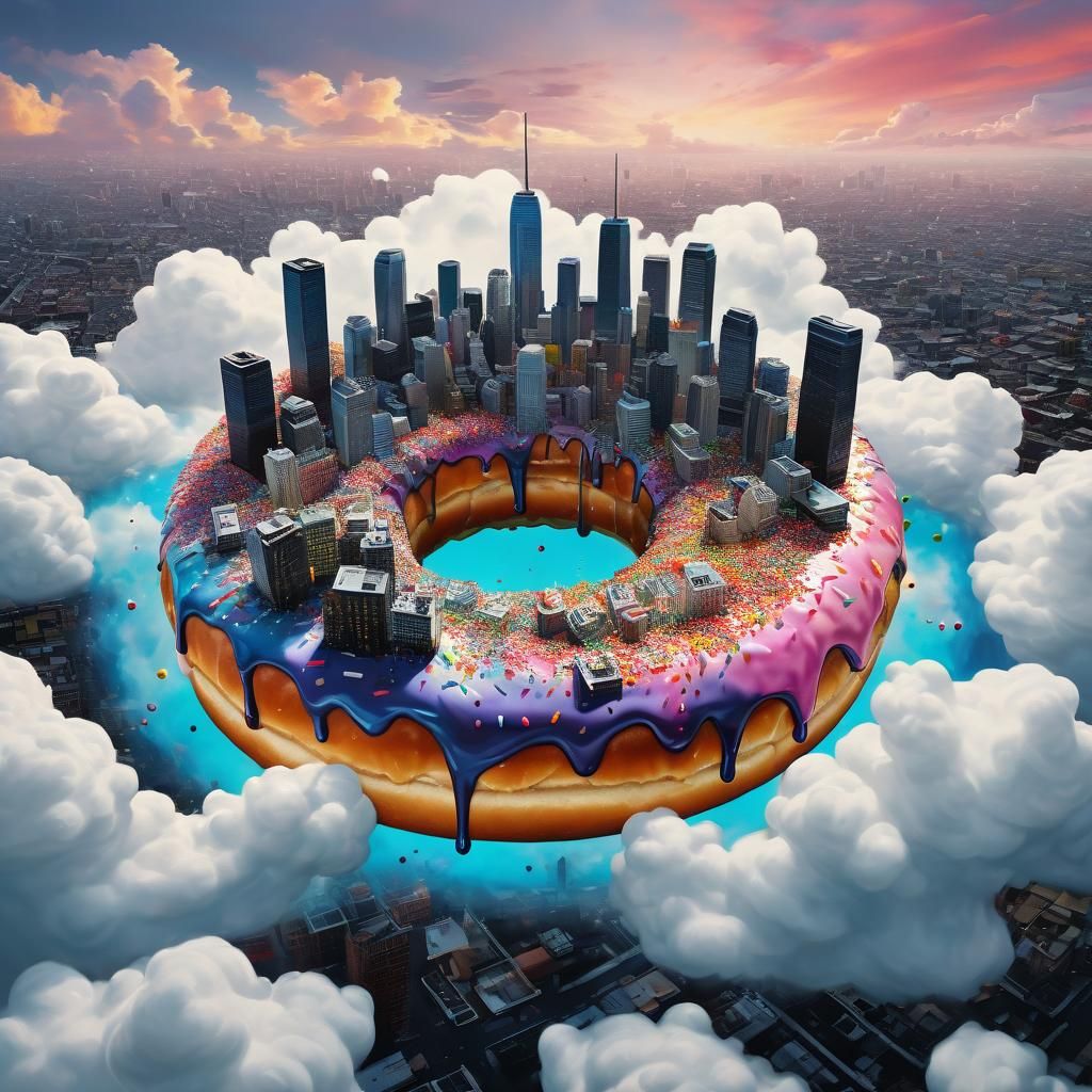 City Atop Giant Donut Floats in Clouds