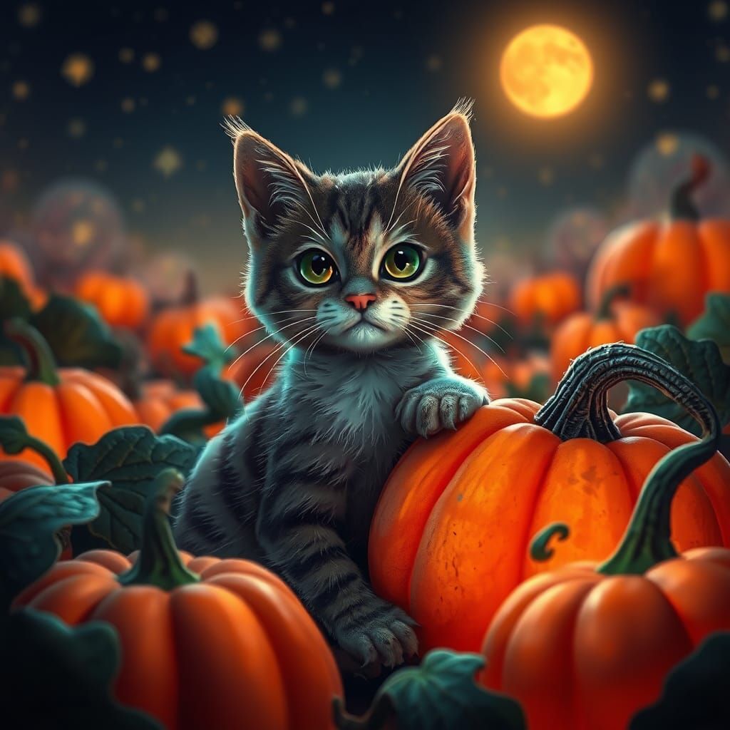 Whimsical Cat in Glowing Pumpkin Patch