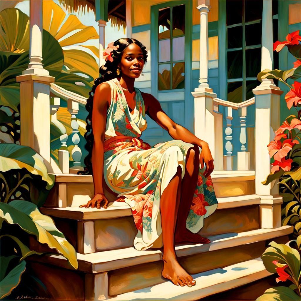 Watercolor Jamaican Woman on Beach in Art Nouveau Style