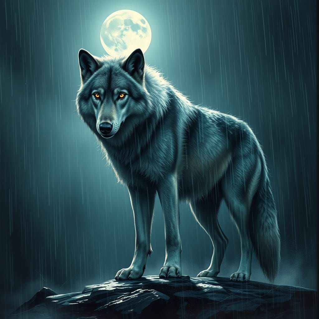 Wolf Under Radiant Full Moon in Moody, Atmospheric Style