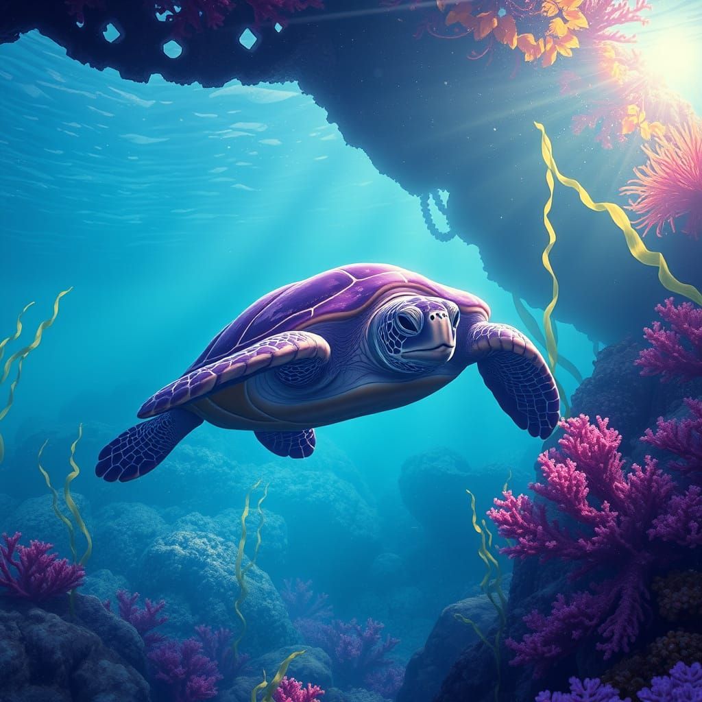 Purple Turtle Underwater in Dreamlike Style