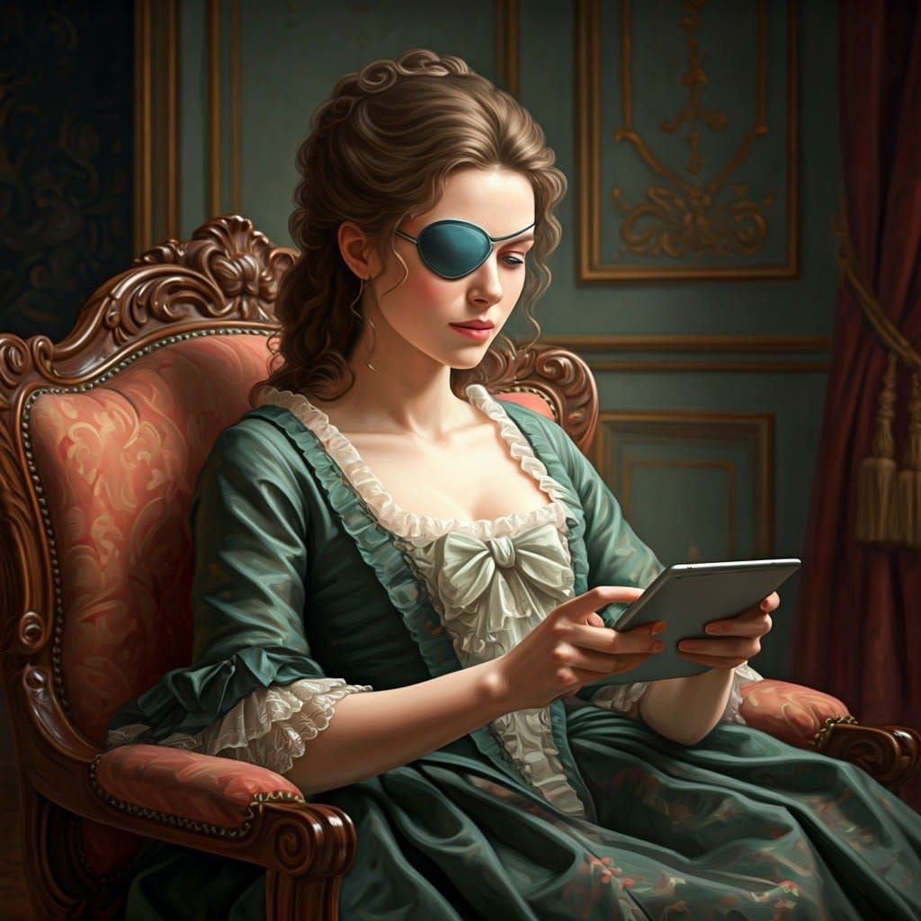 Rococo Woman with iPad in Impressionist Style