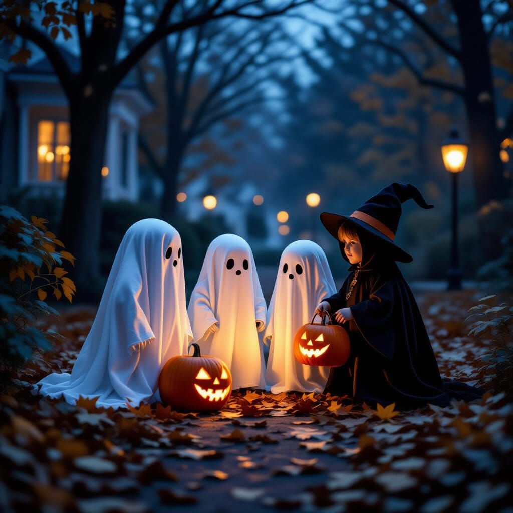 Adorable Ghosts Trick or Treating on Spooky Autumn Night