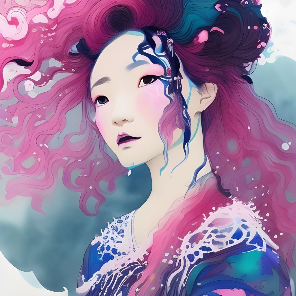 Ainu Girl with Pink Hair in Gouache Style