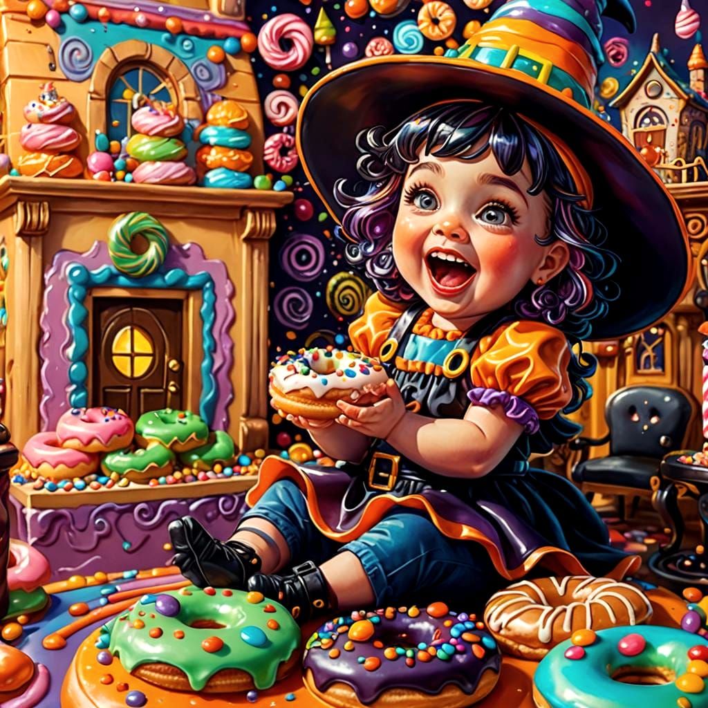 Baby Witch Enjoying Donuts in Candy Art Style