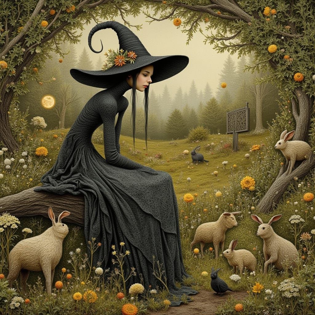 The Ancient Herb Witch in a Whimsical Garden Scene