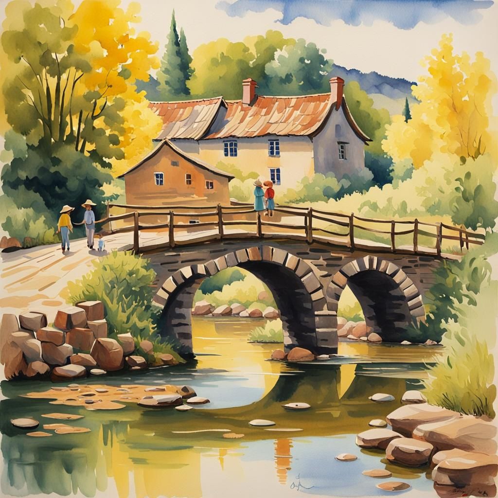 Village Scene: Gouache Impressionist Mother and Child