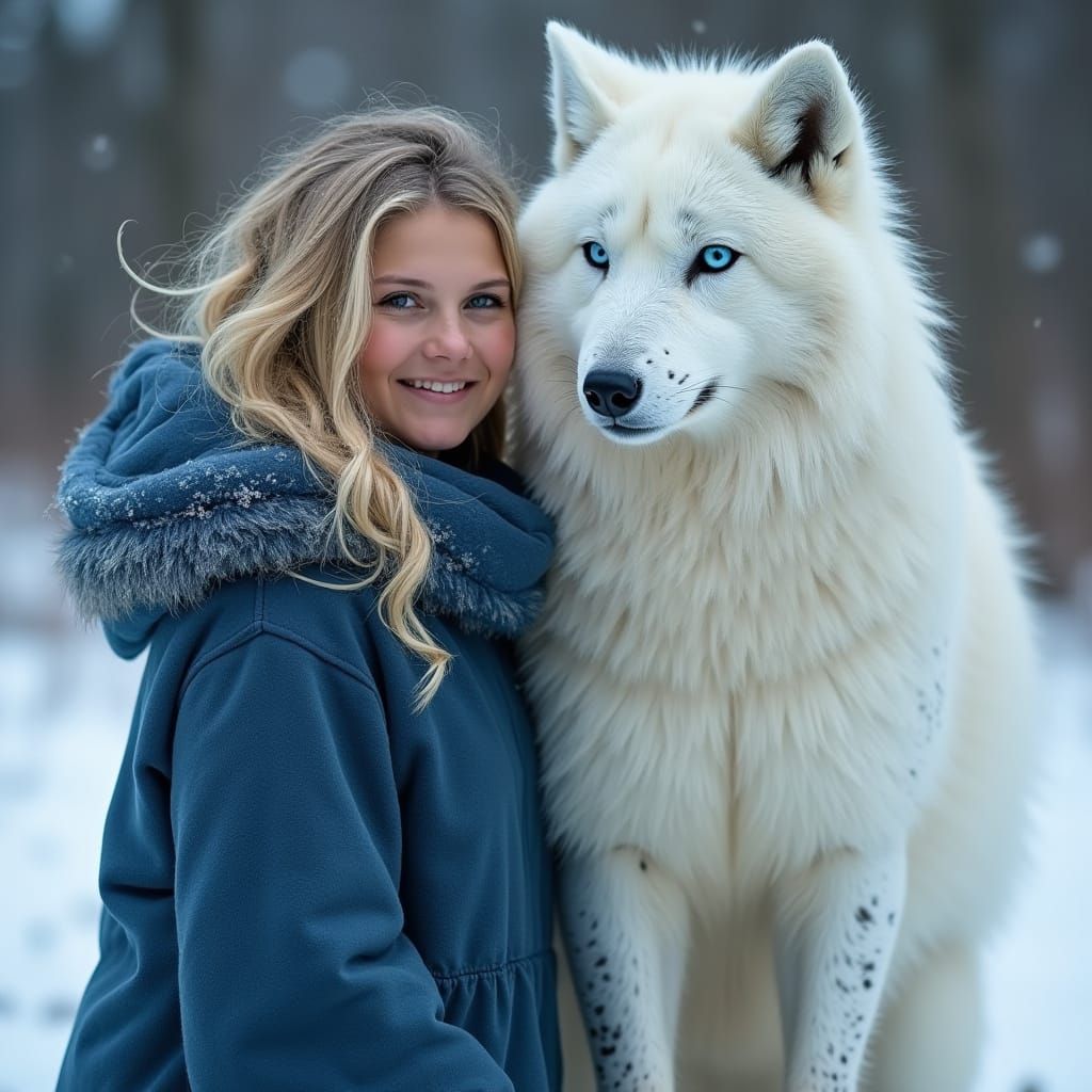White Wolf and Woman in Snowy Winter Landscape