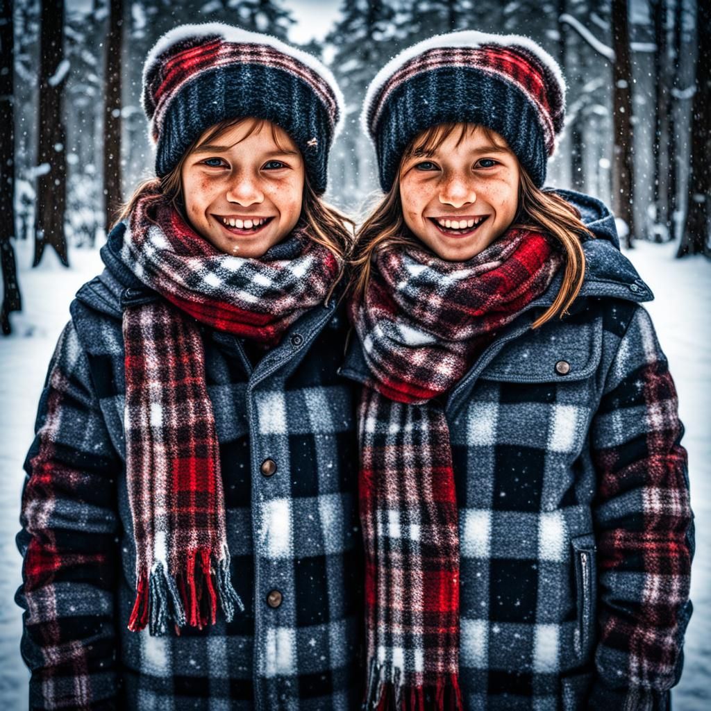 Hyperrealistic Twins in Plaid Winter Scene