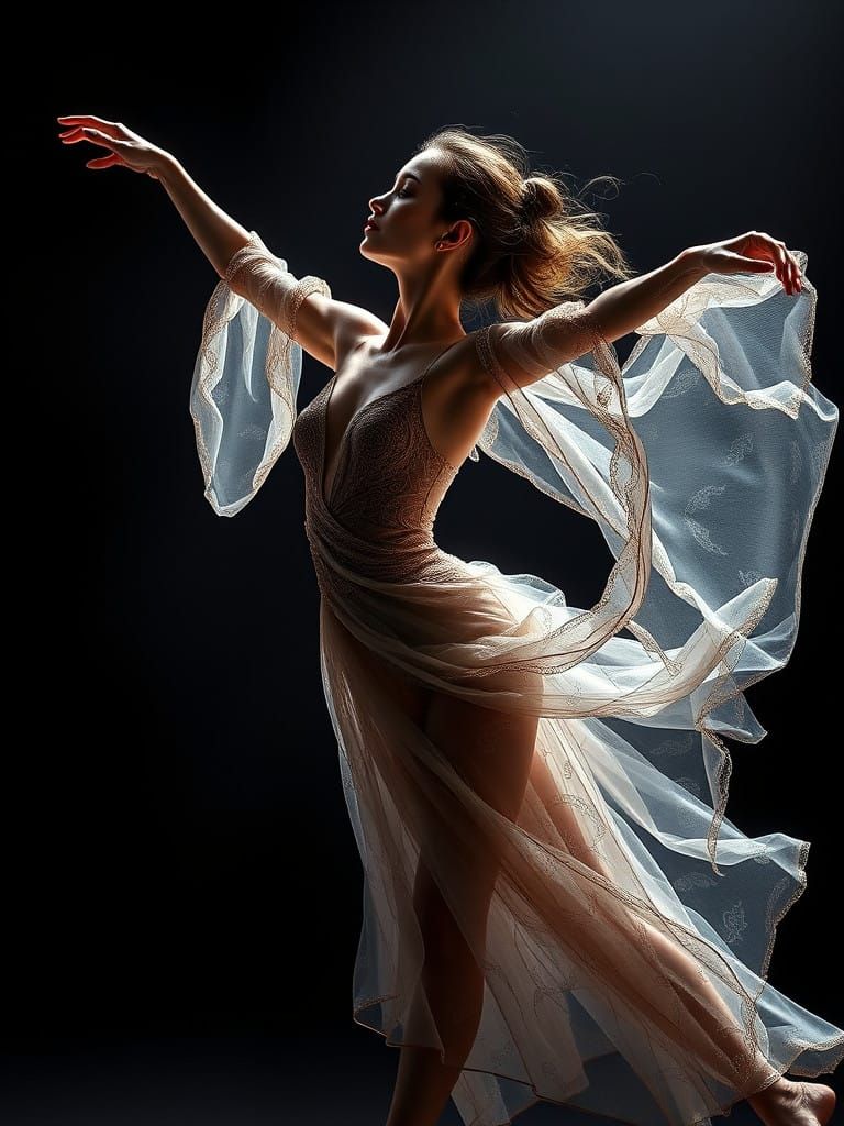 Ethereal Dancer in Flowing Costume, Captured in Hyperrealist...