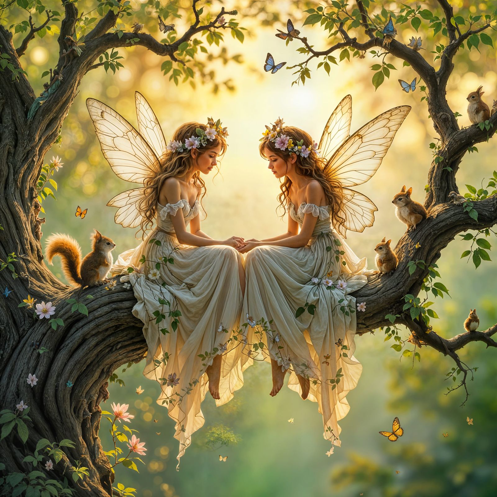 Fairies on a Branch in Early Morning Light