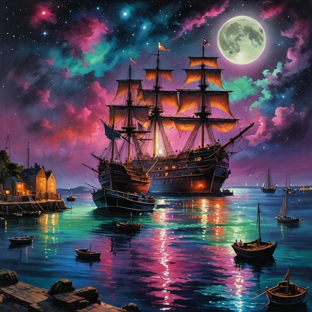 Sailboats, fishing boat and a Galleon at harbour