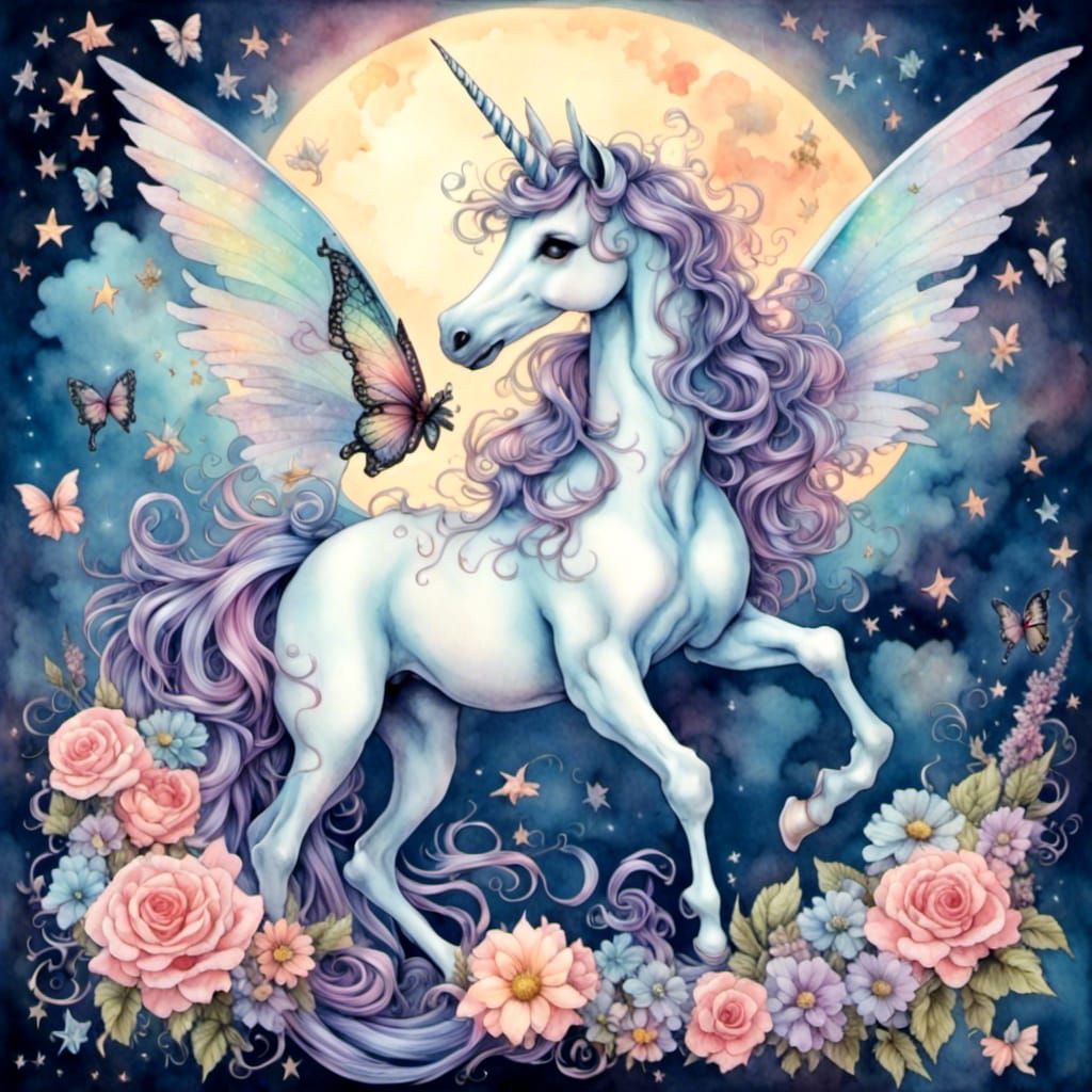 Dreamy Watercolor Unicorn Fairy Illustration