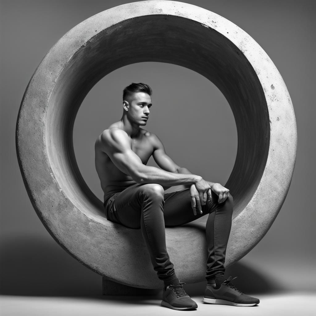 Photorealistic Monochrome Nude in Concrete Tube