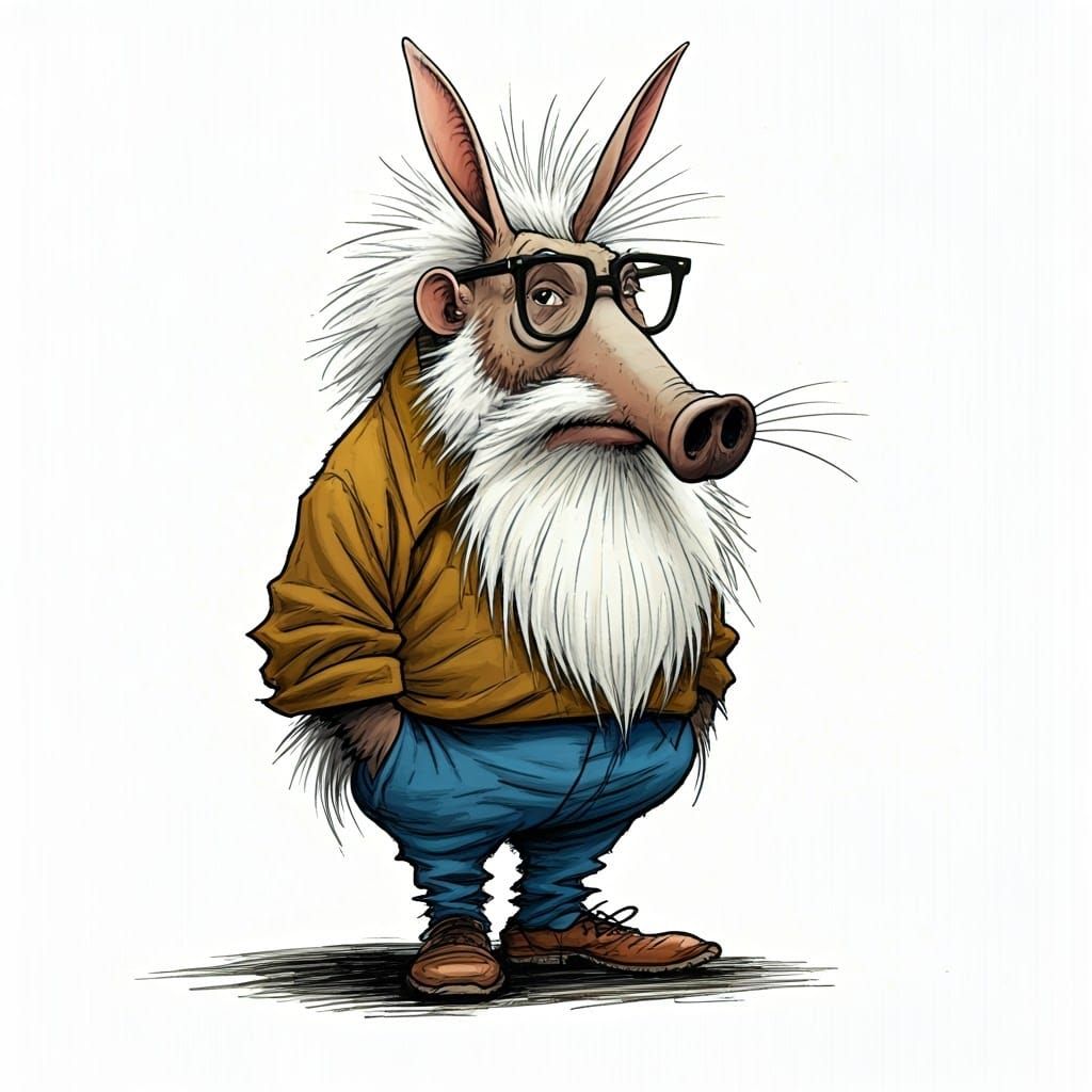 Whimsical Aardvark Portrait in Ink-Splattered Style