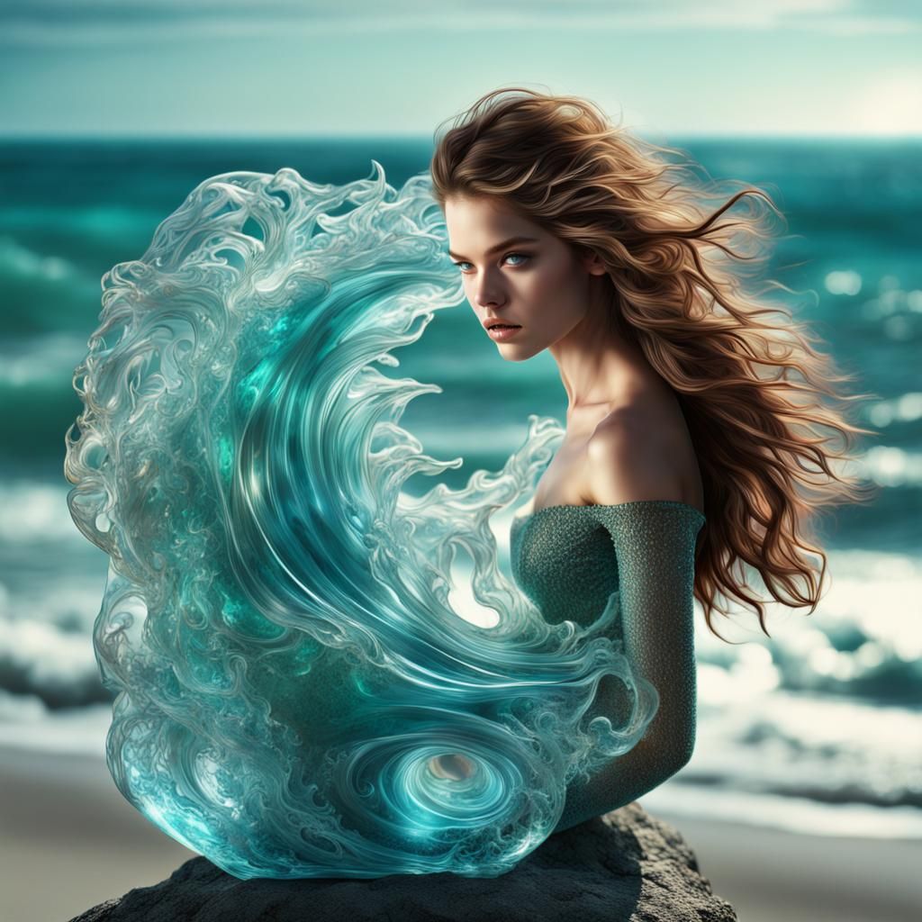 Barbara Palvin and Glass Wave Sculpture