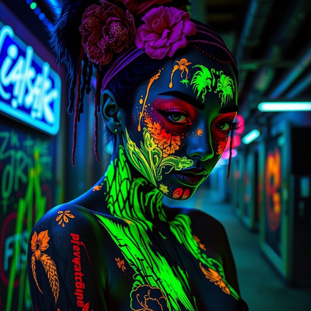Cyberpunk Neon Body Art in Ukiyo-e Style