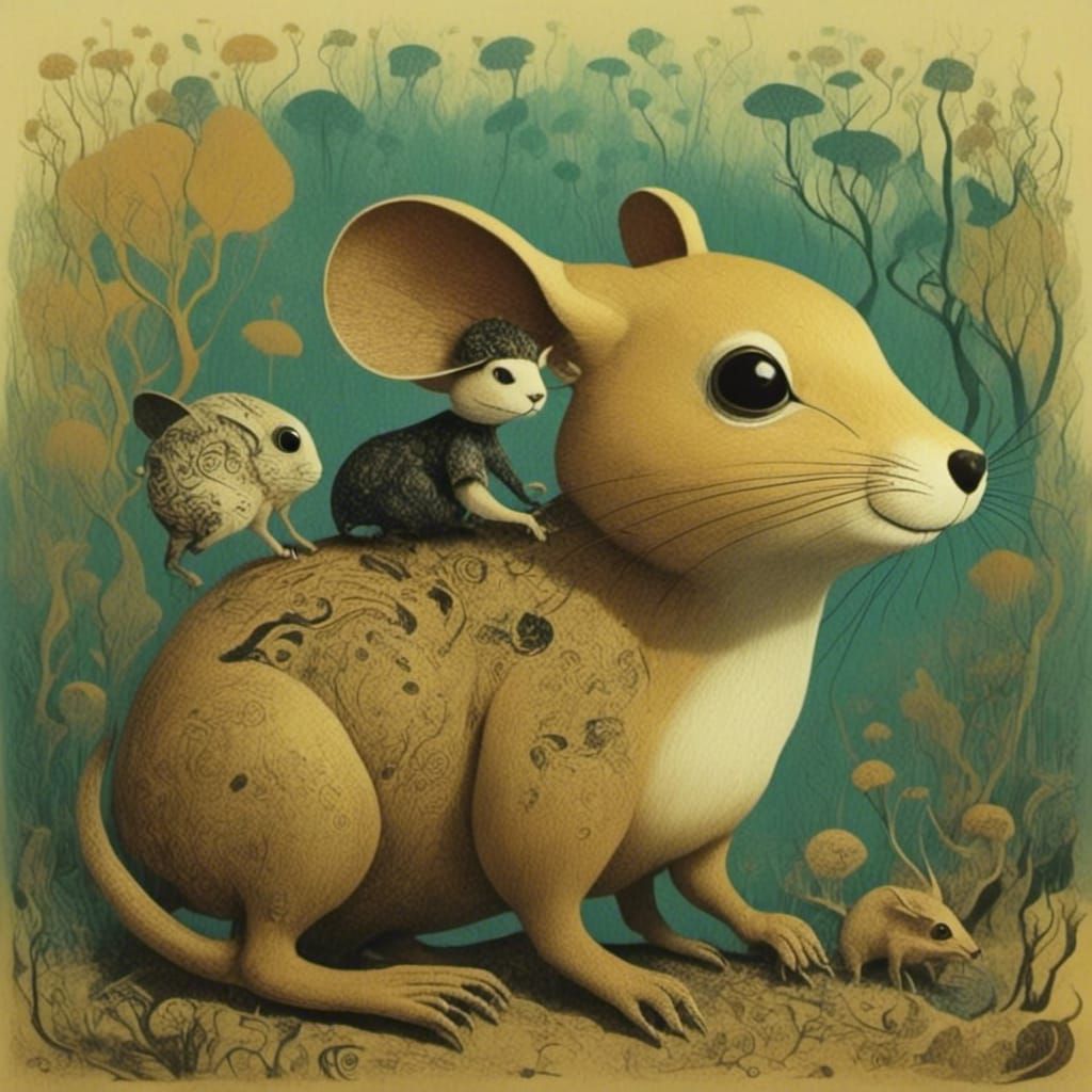 Giant Kangaroo Rat Carries Boy: Woodcut Style