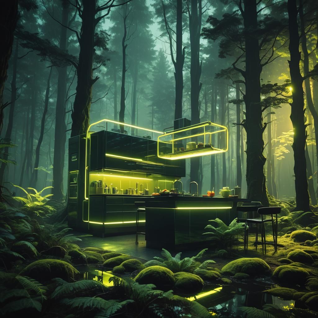 Futuristic Glass Kitchen in Neon-lit Forest