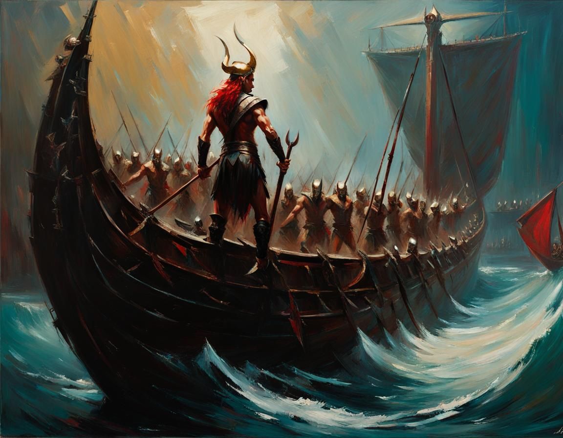 Loki on the Prow of Naglfar, the Ship of Nails