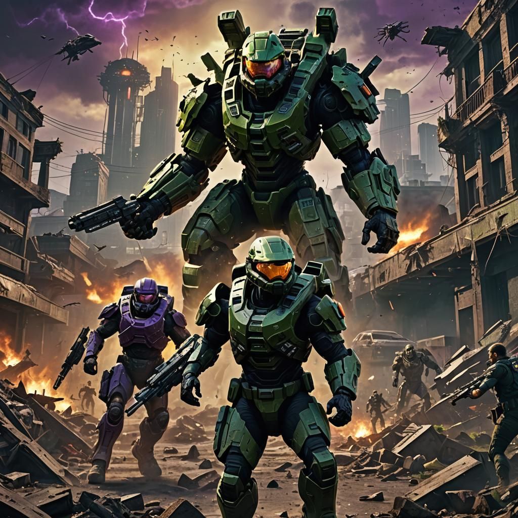 Epic Battle: Master Chief vs Locusts in Ruined City