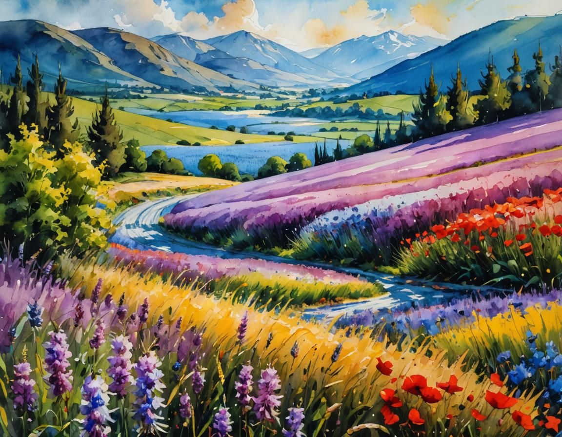 Impressionist Wheat Field Watercolor Landscape